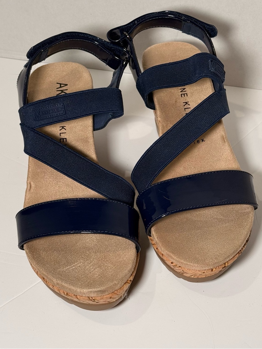 Anne Klein Regina Navy Blue Cork Wedge Sandals iFlex Womens 7.0M REGI01F9